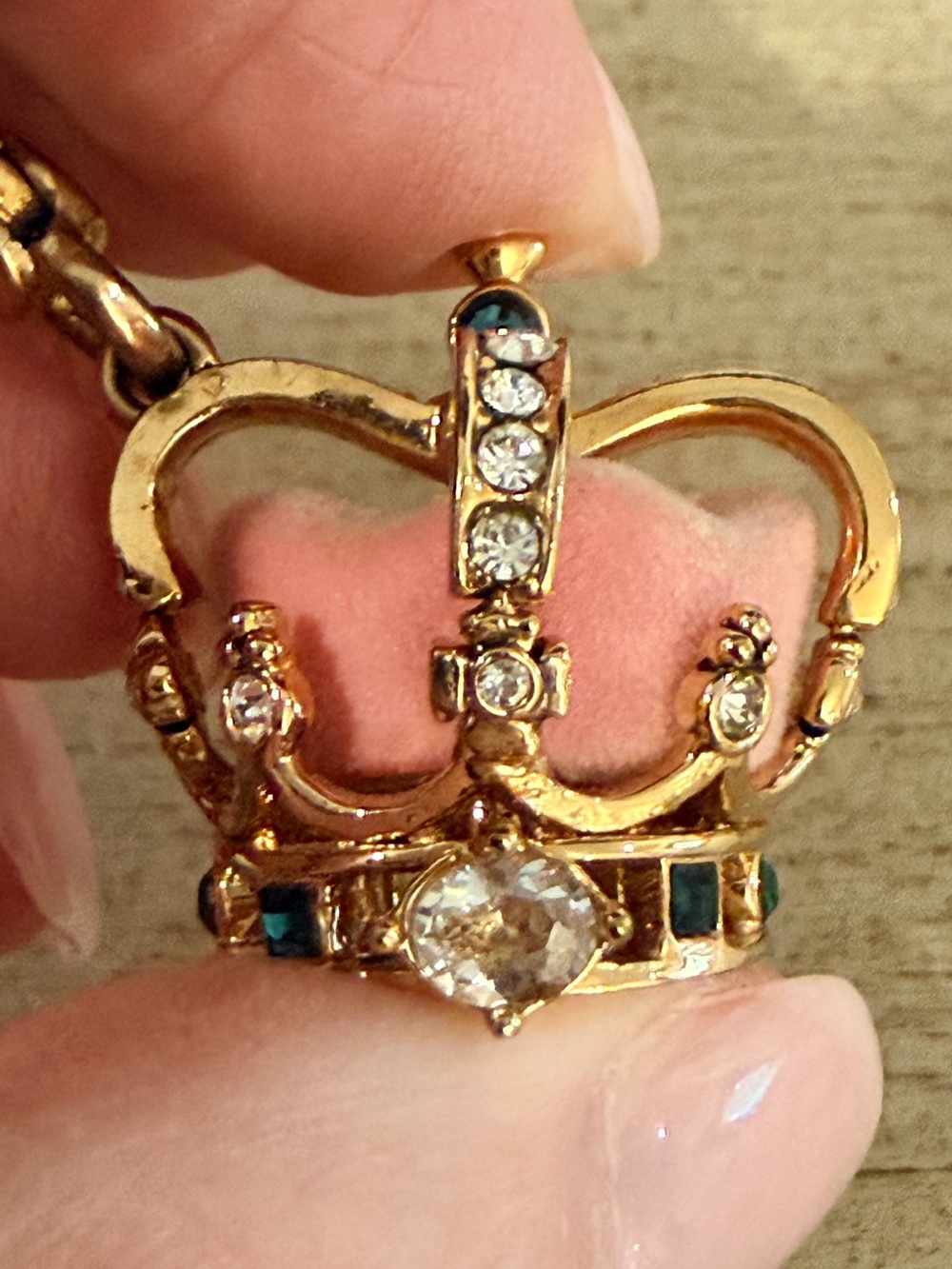 Juicy Couture Gold Crown Pendant Necklace with Clear & Green Stones